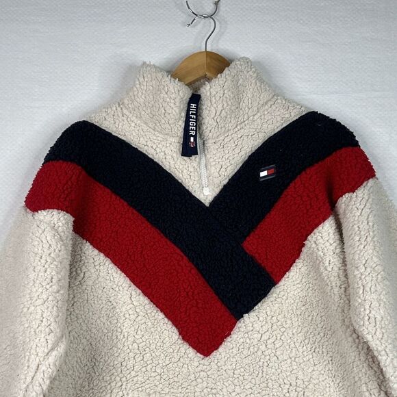 Tommy Hilfiger Sport Sherpa Fleece Pullover Women’s L White Red Navy Colorblock - Picture 3 of 11